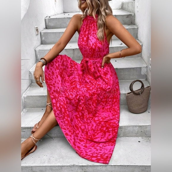 NEW Chic Dot Print Tiered Ruffle Halter Maxi Dress Red Hot Pink - Picture 3 of 8